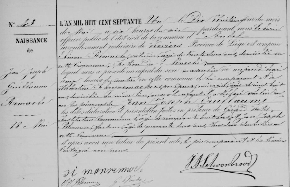 Acte de naissance de Jean Joseph Guillaume REMACLE