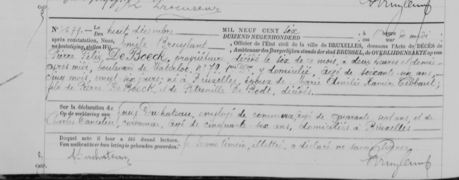 Document de décès de Pierre Félix DE BOECK