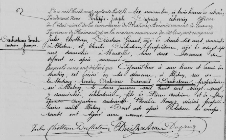 Document de décès de Emile Antoine François DUCHATEAU