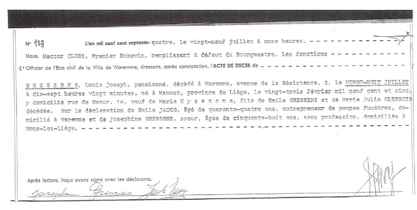 Document de décès de Louis Joseph GRESSENS