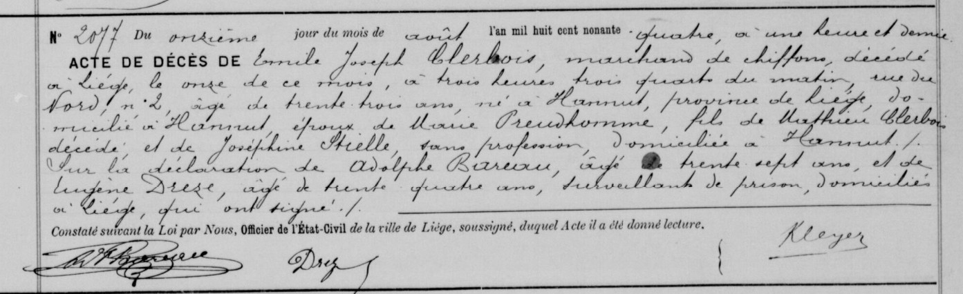Document de décès de Emile Joseph CLERBOIS