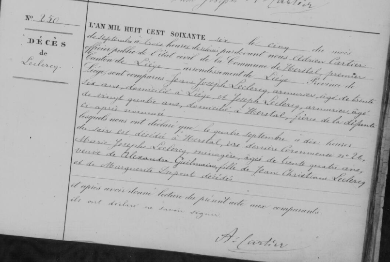 Document de décès de Marie Joseph LECLERCQ