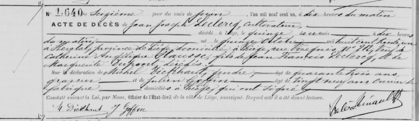 Document de décès de Jean Joseph LECLERCQ