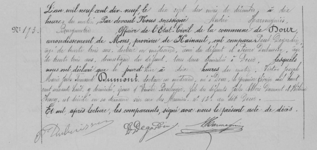 Document de décès de Victor Joseph Marie Jules Fernand DUMONT