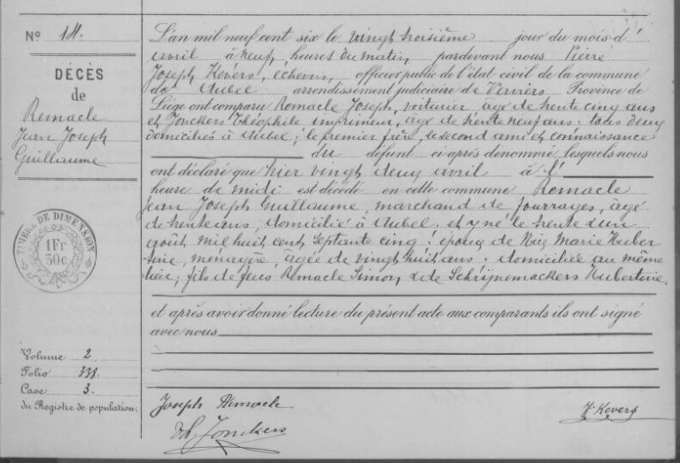 Document de décès de Jean Joseph Guillaume REMACLE