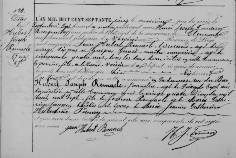 Document de décès de Hubert Joseph REMACLE