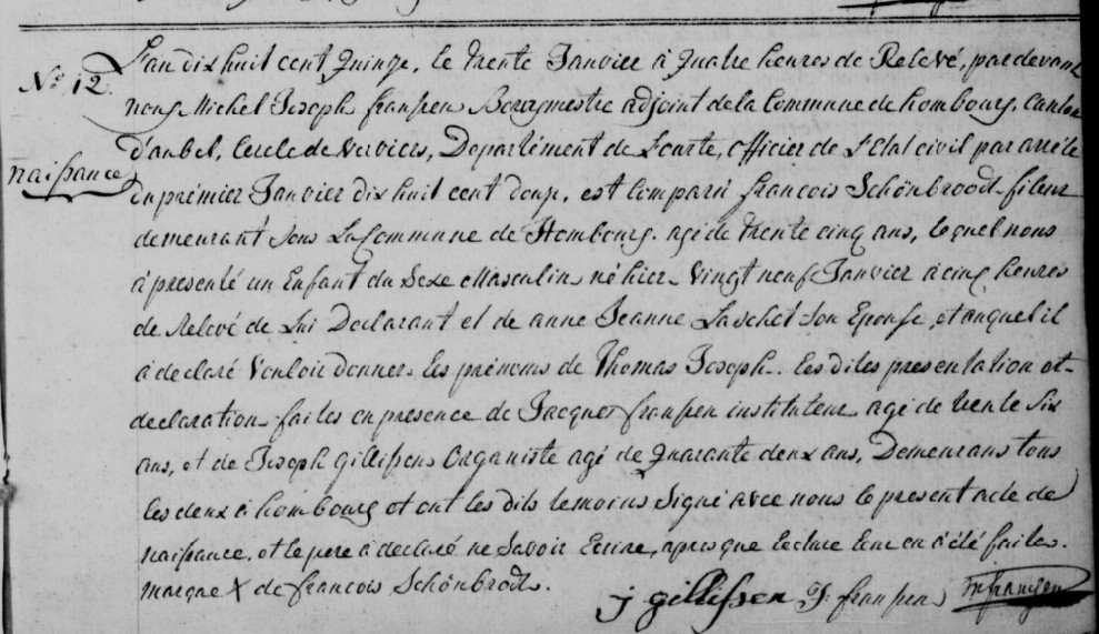 Acte de naissance de Thomas Joseph SCHOONBROODT