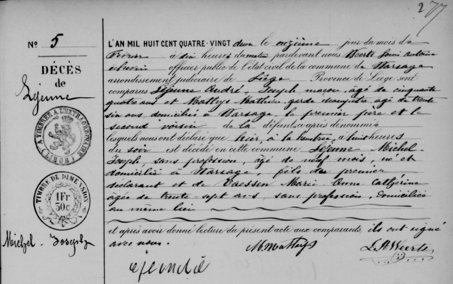 Document de décès de Michel Joseph LEJEUNE 