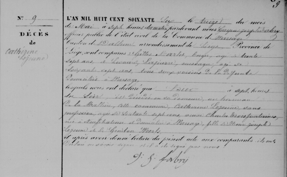Document de décès de Marie Catherine Joseph LEJEUNE