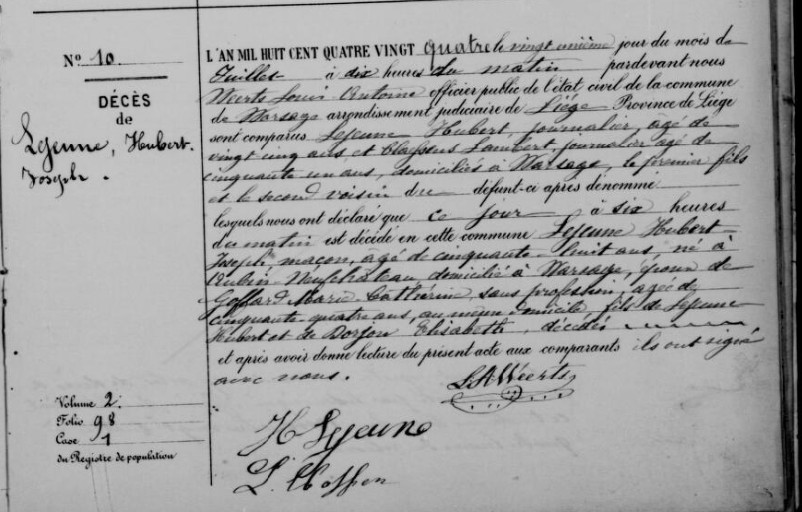 Document de décès de Hubert Joseph LEJEUNE