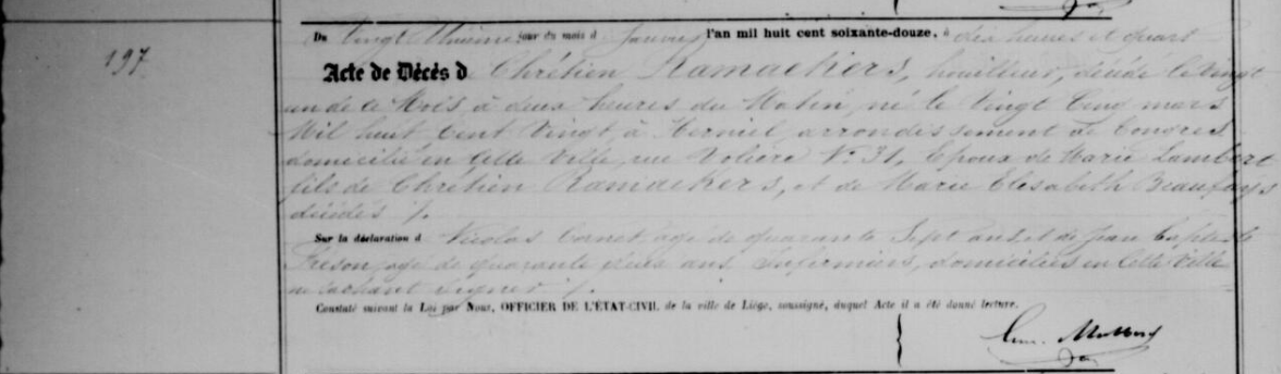 Document de décès de Chrétien RAMACKERS