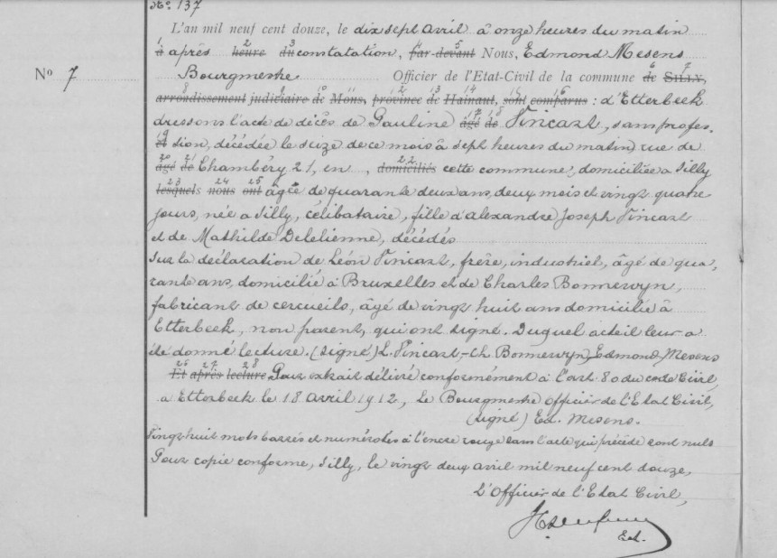 Document de décès de Pauline Marie Désirée VINCART ***