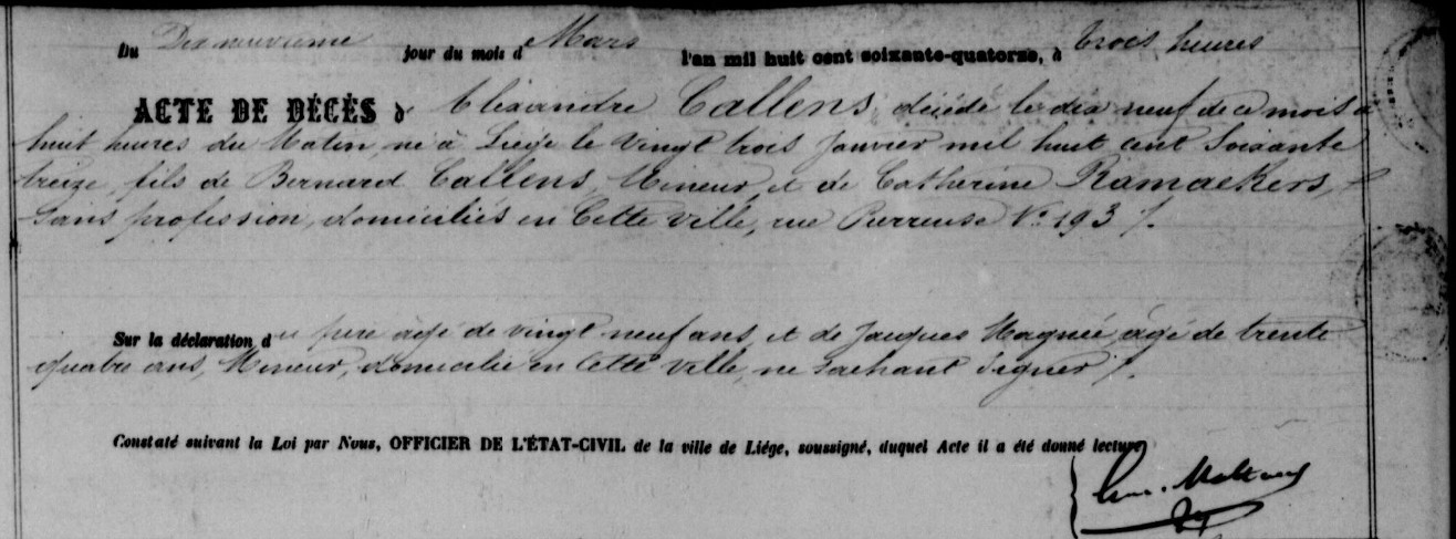 Document de décès de Alexandre CALLENS