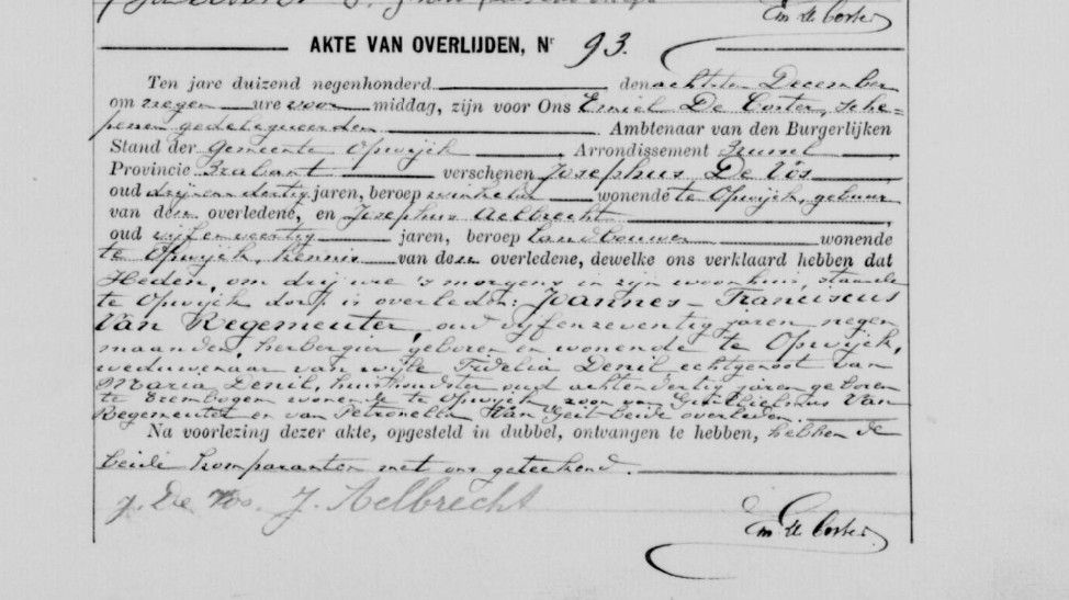Document de décès de Joannes Fransciscus VAN REGEMEUTER