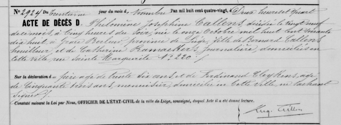 Document de décès de Philomène Joséphine CALLENS
