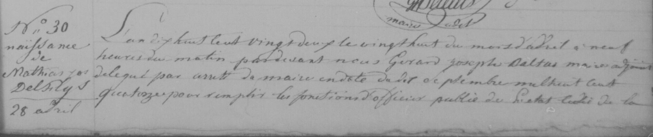 Acte de naissance de Mathias Joseph DELFLYS