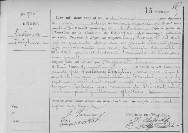 Document de décès de Joséphine LECLERCQ