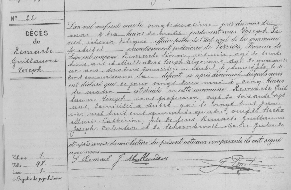 Document de décès de Guillaume Joseph REMACLE