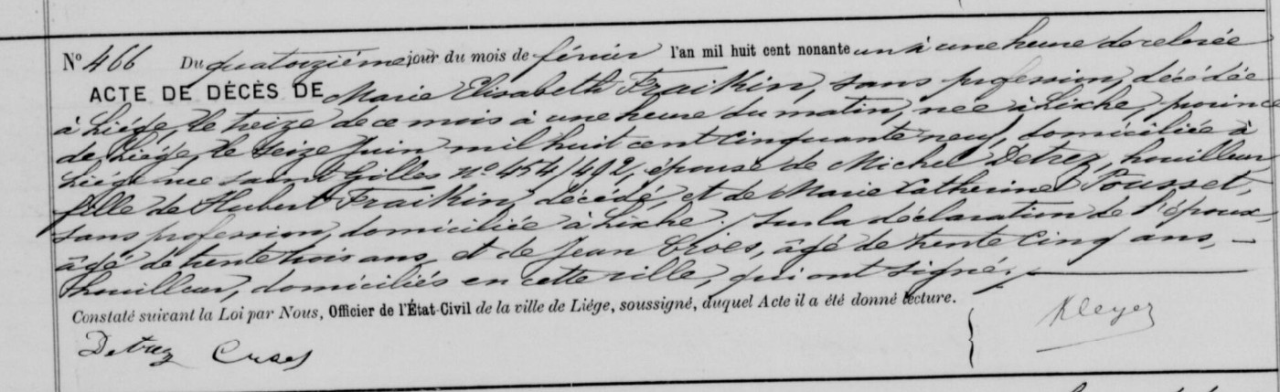 Document de décès de Marie Elisabeth FRAIKIN