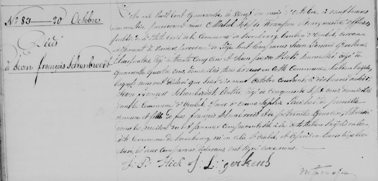 Document de décès de Jean François SCHOONBROODT