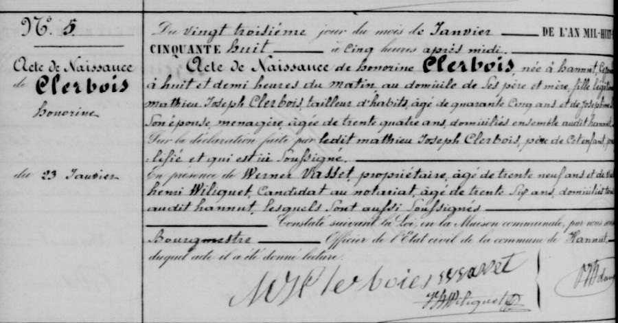 Acte de naissance de Honorine CLERBOIS