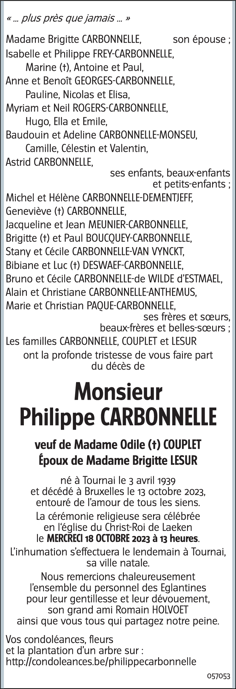 Document de décès de Philippe Nicolas Joseph Marie Ghislain CARBONNELLE
