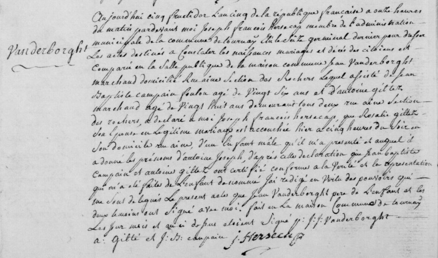 Acte de naissance de Antoine Joseph VANDERBORGHT