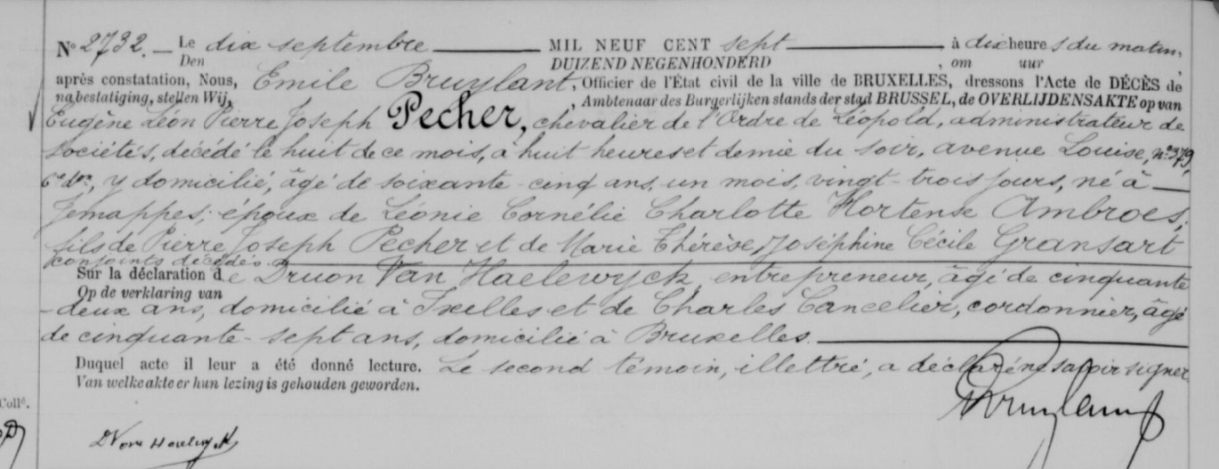 Document de décès de Eugène Léon Pierre Joseph Pecher