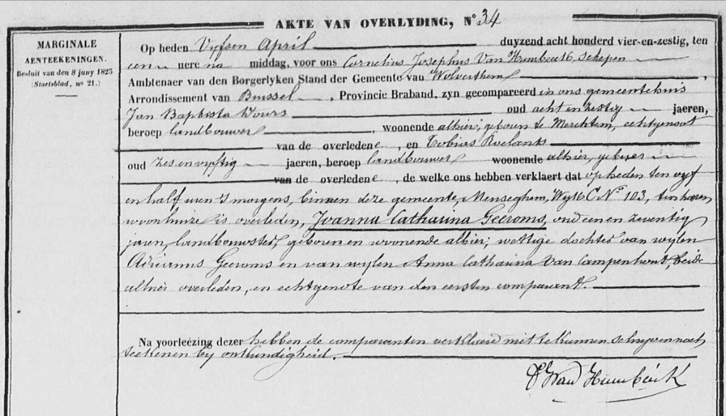 Document de décès de Joanna catharina GEEROMS