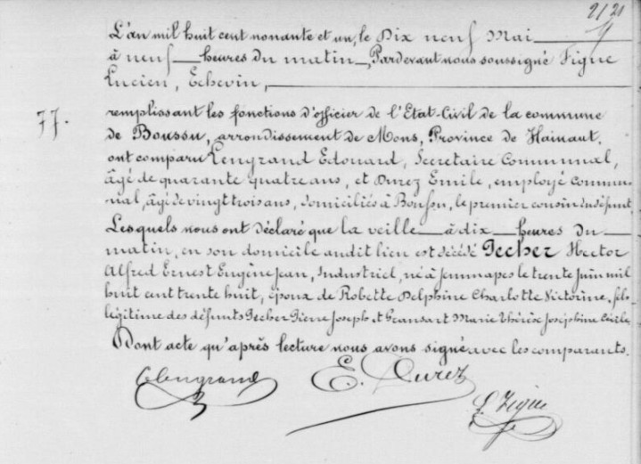 Document de décès de Hector Alfred Ernest Eugène Jean Pecher