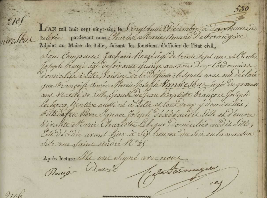 Document de décès de Françoise Aimée Marie-Joseph VAN WESBUS