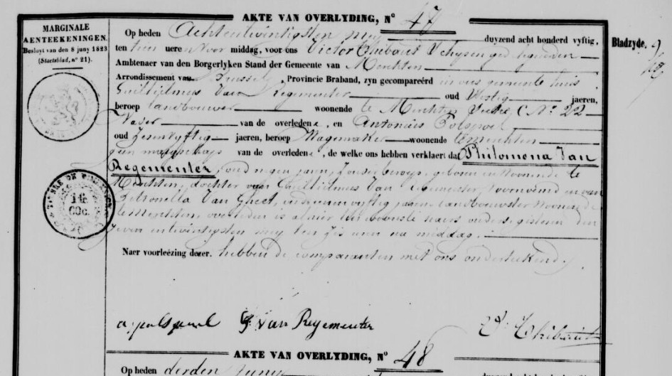 Document de décès de Rosalia Philimina VAN REGEMEUTER