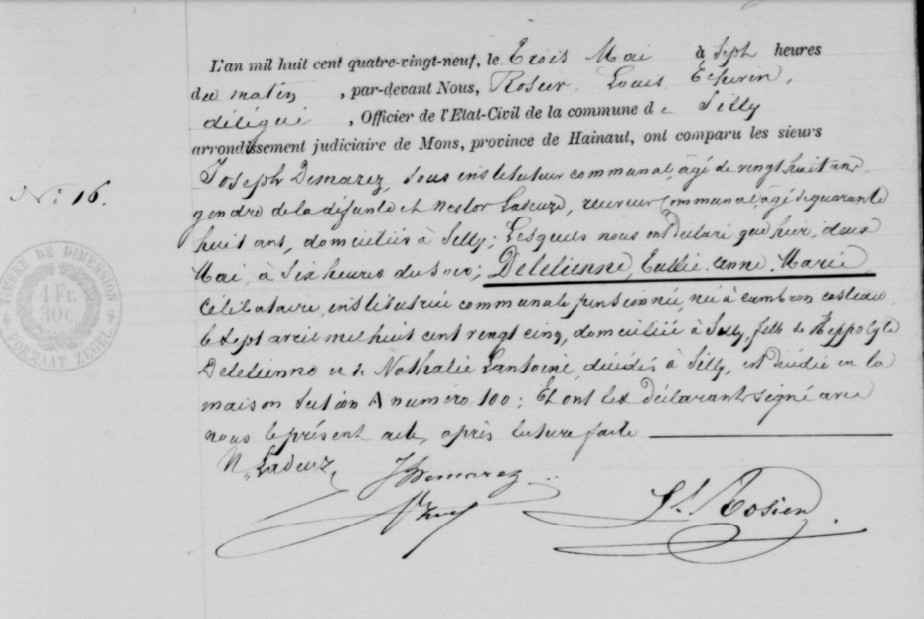 Document de décès de Jullie Anne Marie DELELIENNE