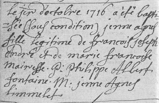 Acte de naissance de Jeanne Agnés ANDRE