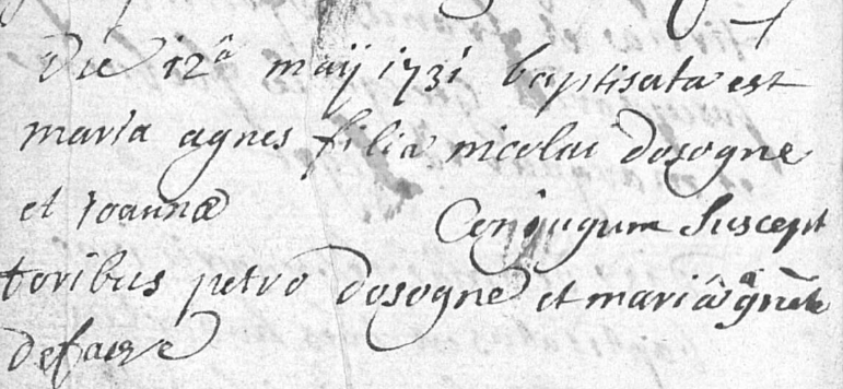 Acte de naissance de Marie Agnes DOSSOGNE