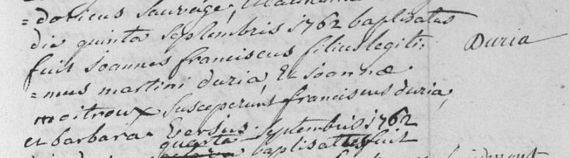 Acte de naissance de Jean François DURIA