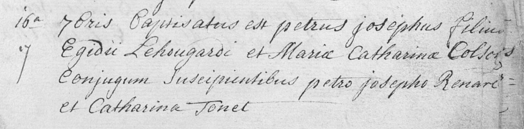 Acte de naissance de Jean Pierre Joseph Hougardy