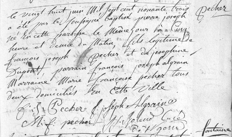 Acte de naissance de Pierre Joseph Pecher