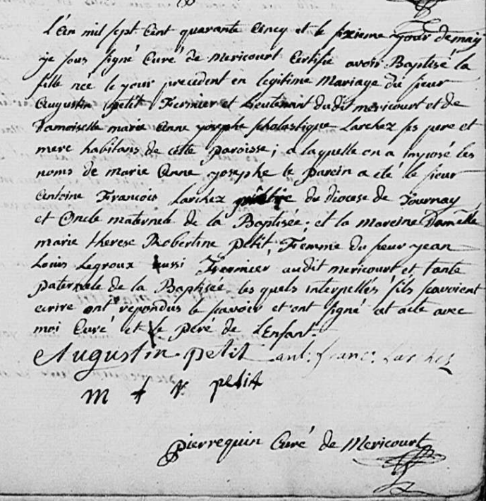 Acte de naissance de Marie Anne Joseph PETIT