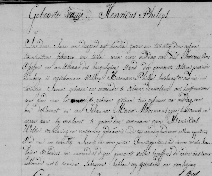 Acte de naissance de Henricus PHILIPS