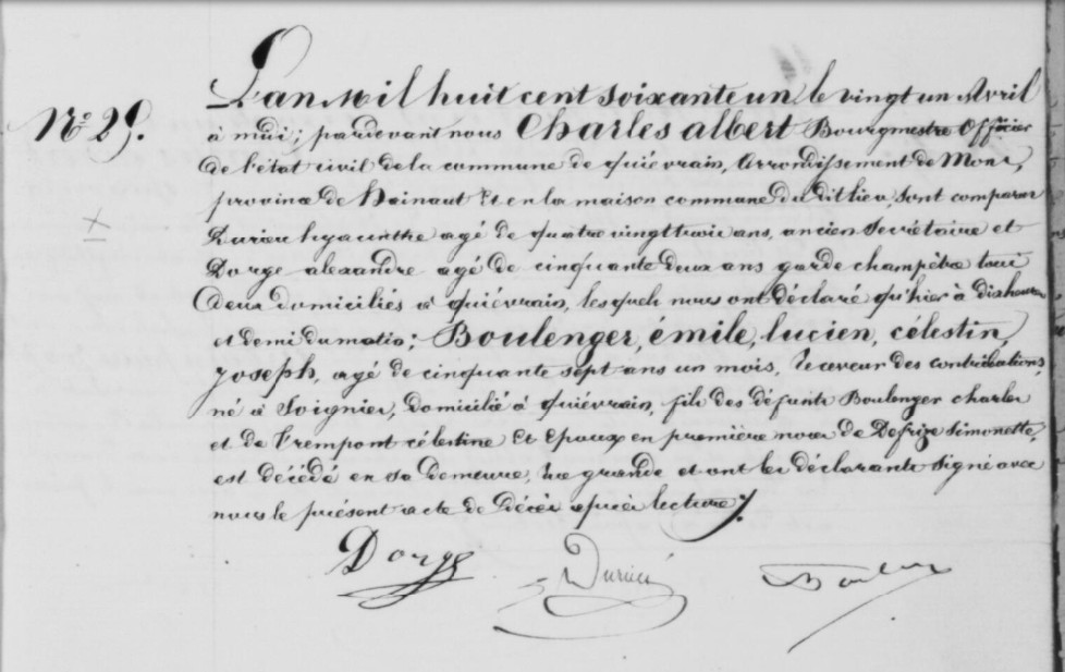 Document de décès de Emile Lucien Celestin Joseph BOULENGER