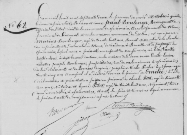 Acte de naissance de Emilie BOULENGER