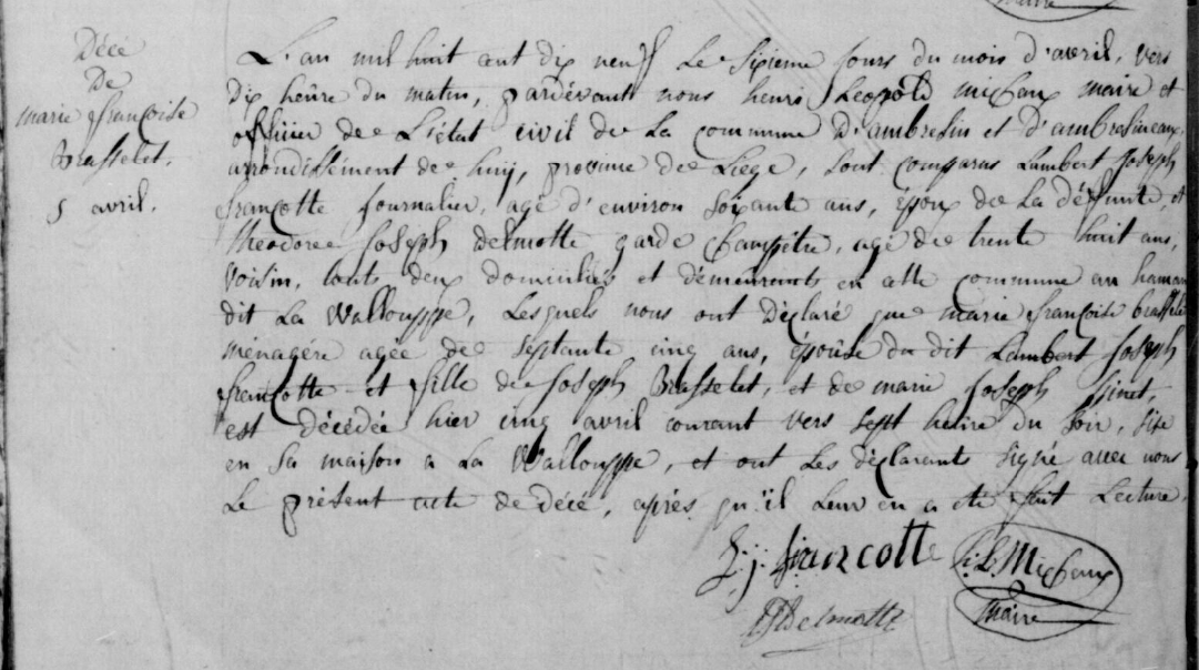 Document de décès de Marie Françoise BRASSELET