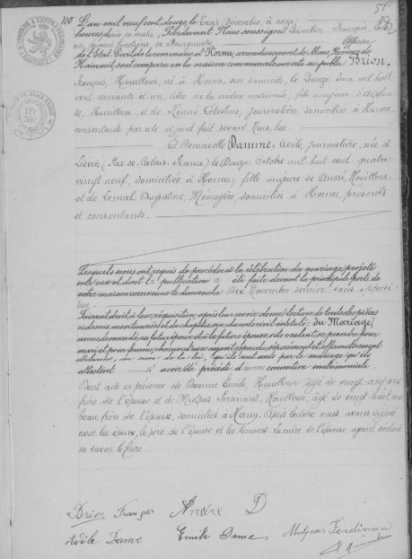 Document Mariage : 03 DEC 1912 à 7301 - Hornu (BE)