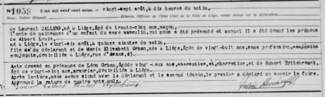 Acte de naissance de Albert, Louis CALLENS