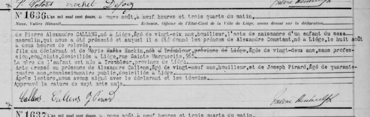 Acte de naissance de Alexandre Constant CALLENS