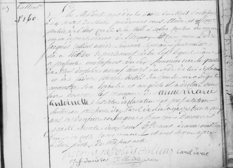 Acte de naissance de Anne Marie Antoinette CALLENS