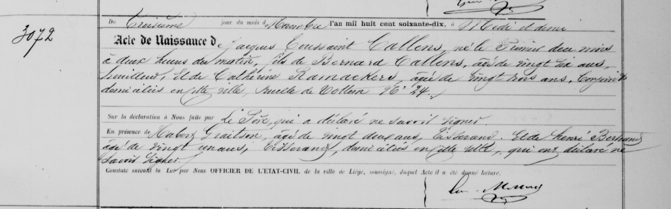 Acte de naissance de Jacques Toussaint CALLENS