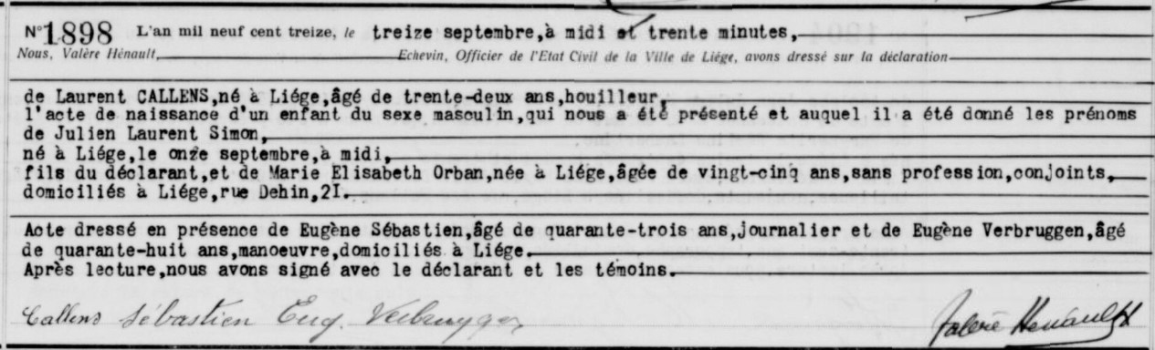 Acte de naissance de Julien, Laurent, Simon CALLENS