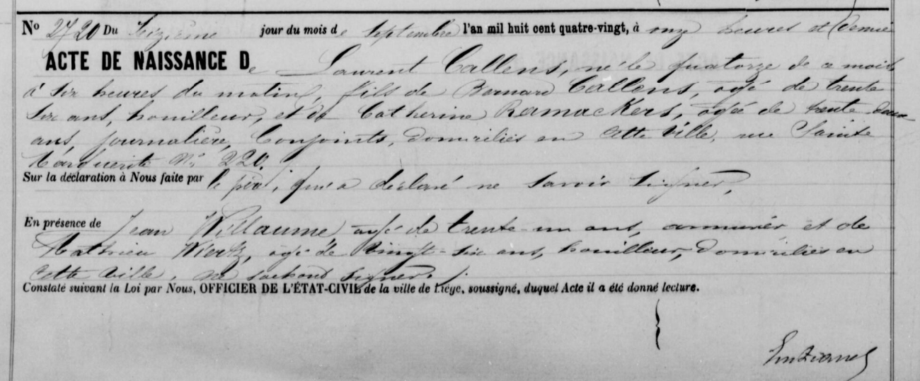 Acte de naissance de Laurent CALLENS 